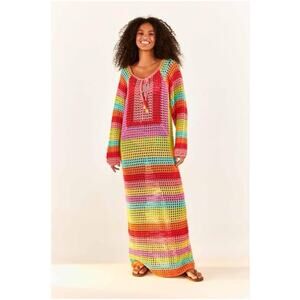 NWOT FARM RIO Striped Multicolor Crochet Dress beaded tassels Cover Up Large